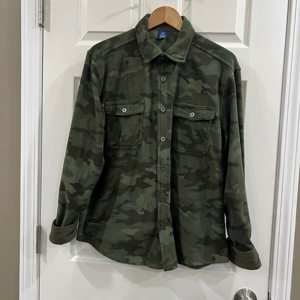 George Mens Camo Fleece Button Down Shirt Jacket Green Camouflage Medium M 38-40